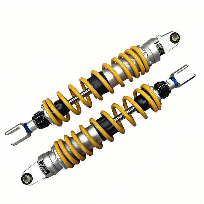 Pair of RFY motorcycle shock absorbers with yellow coil springs and alloy bodies